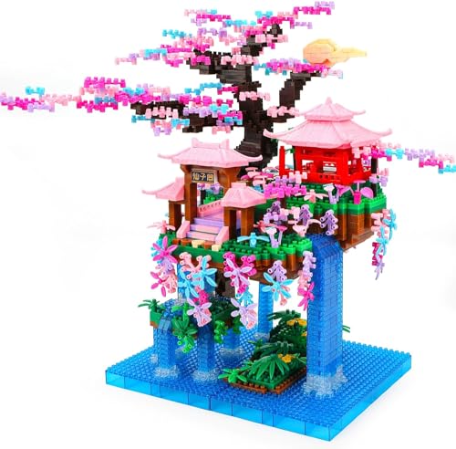 Feenpavillon Architektur Bausteine, Chinesische Architektur Bausteine, 2850 Teile Märchenland mit Sakura Baum und Wasserfällen Mini Baustein, Spielzeug Geschenk für Erwachsene und Kinder (32055)