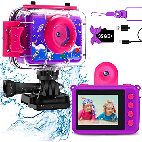 GKTZ Geschenk für Mädchen im Alter von 3-14 Jahren, wasserdichte Kinderkamera, Digitale Videokamera mit 32GB Karte, 180 drehbare 20MP Unterwasserkamera, Geburtstagsgeschenk für 4-9 Jahre alt Mädchen