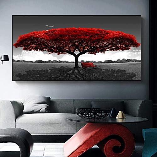 HONGC Moderne Landschaft Wandkunst Bilder Roter Baum Leinwand Malerei Pflanzenbank Landschaft Poster und Drucke für Wohnkultur Gerahmte Malerei 70x140cm Mit Rahmen