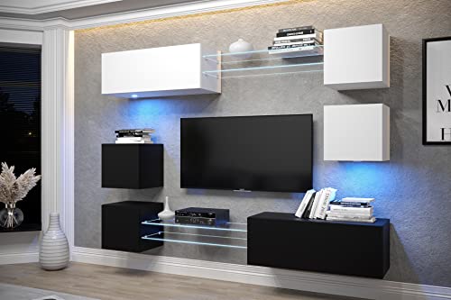 Furnitech AN65 New Modernes Wohnzimmer Wohnwand Wohnschrank Schrankwand Mediawand Möbel MATT (LED blau, AN65N-21WB-M8)