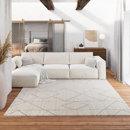Gewebter pflegeleichter Teppich von WECONhome mit Rauten Design ideal für Wohnzimmer, Schlafzimmer und Arbeitszimmer- Pelle (140 x 200 cm, beige)