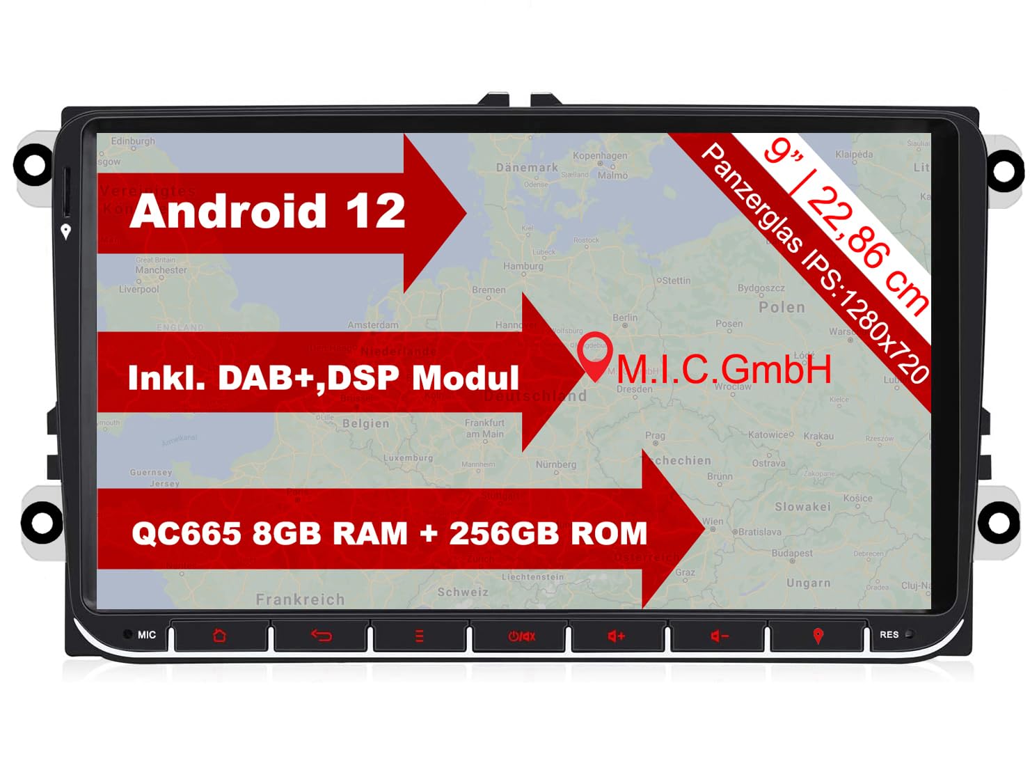 M.I.C. AV9V2-Ultra Android 12 Autoradio mit navi Qualcomm Snapdragon 665 8G+256G Ersatz für VW Golf t5 touran Passat RNS RCD Skoda SEAT: SIM DAB Plus BT 5.0 WiFi 2din 9" IPS Panzerglas Bildschirm USB