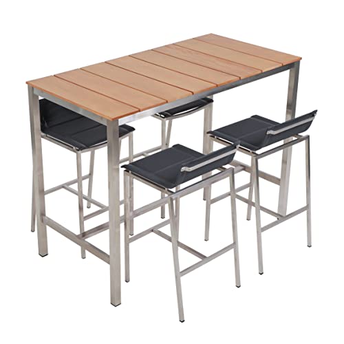 Ribelli Bartisch Küchentisch Küchentresen Set 5-TLG/Esstisch mit 4 Barstühlen Aluminium Gestell und Akazien Holzplatte FSC 100% Outdoor (Tisch + 4 Stühle)