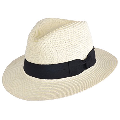 Knautschbarer und faltbarer Sommer-Panama-Fedora-Hut mit Band in 6 Farben (XL (61 cm), cremefarben)