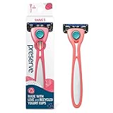 Preserve Shave 5 Five Blade Refillable Razor, Made from Recycled Materials, Coral Pink