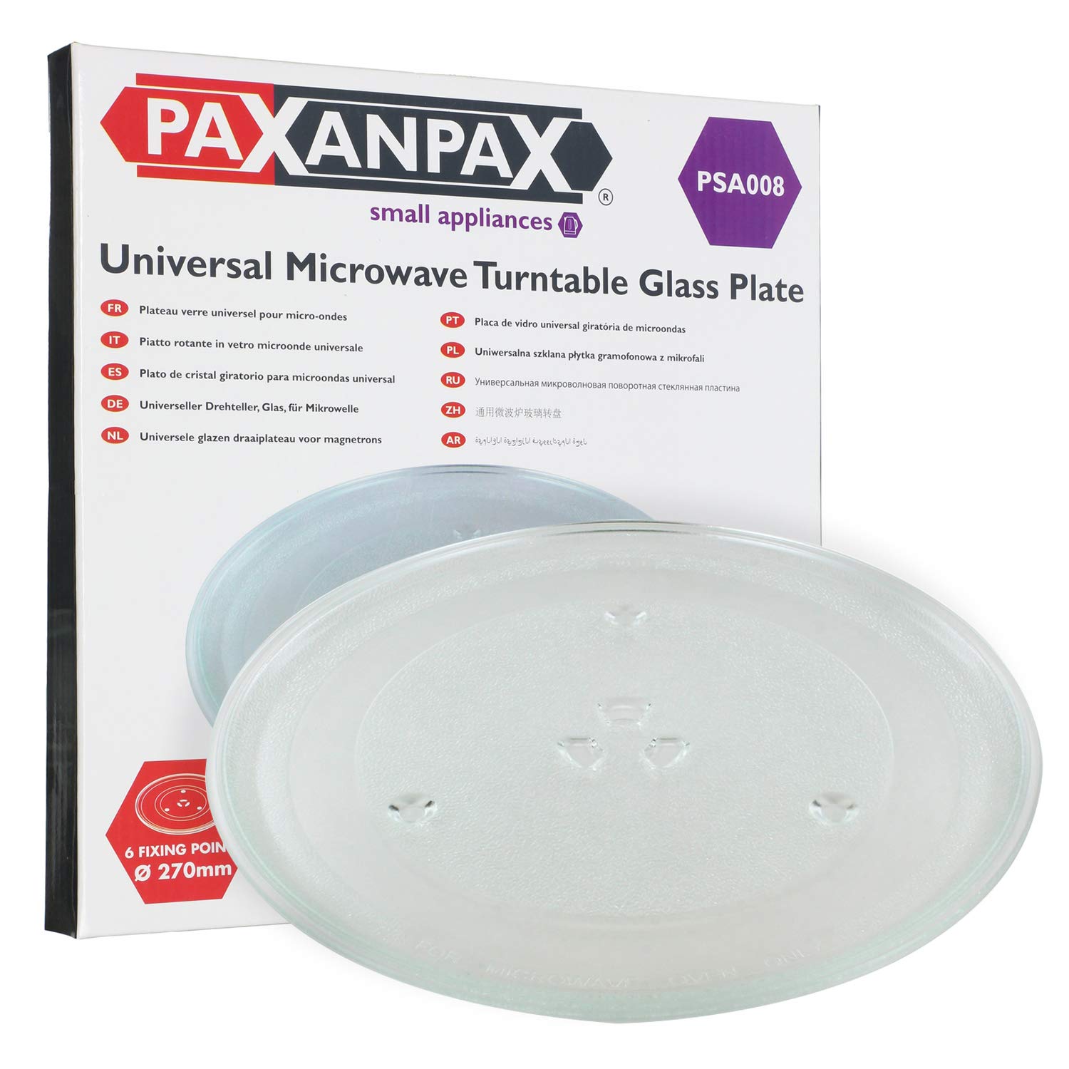 Paxanpax PSA008 Universal-Drehteller für Mikrowelle, Glasplatte mit 6 Fixierern (270 mm)