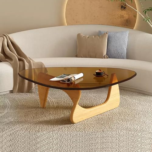 GMBAYUE Couchtisch Glas, Moderner Minimalistischer Coffee Table, Schreibtisch-Couchtisch mit Tischbeinen aus Holz für Wohnzimmer, Schlafzimmer, Kleine Räume (Color : Brown+Wood Color, Size : S)