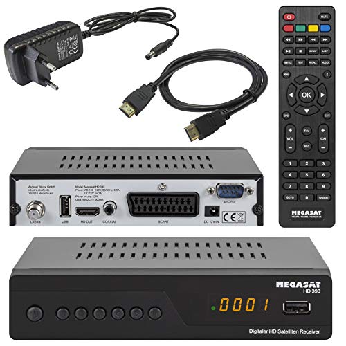 netshop 25 Megasat HD 390 HD SAT Receiver (HDTV, DVB-S2, HDMI, 1080p, SCART, USB Mediaplayer, Full HD, Astra vorinstalliert) inkl HDMI Kabel