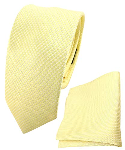 TigerTie schmale Designer Seidenkrawatte + Seideneinstecktuch in gelb blassgelb silber gepunktet