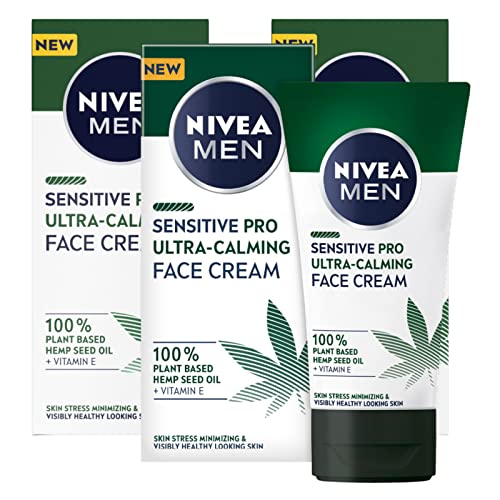 Nivea Men Sensitive Pro Gesichtscreme für Herren Formel Vegan Ultra-Calming mit Hanfsamenöl und Vitamin E mit Feuchtigkeitsspendender und Anti-Stress-Textur mit schneller Absorption - 3 Flaschen à 75 ml
