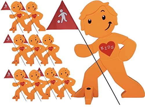 StreetBuddy - Warnfigur mit Fahne, reflektierender Warnaufsteller für Kindersicherheit - Achtung langsam Fahren - Vorsicht spielende Kinder - Schild Autofahrer Warnung - Set (Orange, 10er Pack)