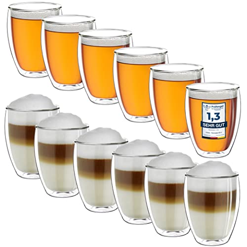 Creano Thermogläser doppelwandig 400ml „DG-Hoch“, 12er Set, große doppelwandige Gläser aus Borosilikatglas, Kaffeegläser, Teegläser, Latte Macchiato Gläser
