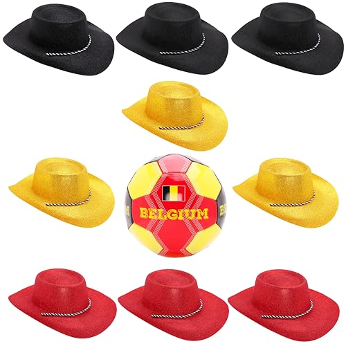 Toyland® Belgien-Themen-Fußballpaket–1 x Fußball(3,6 kg/Größe 5) und 9 glitzernde Cowboyhüte–3 schwarz,3 gelb & 3 rot(34 cm/13 Zoll)–perfekt für Euros,Weltmeisterschaft und Festival