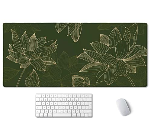 SSOIU Schreibtischunterlage mit grünem Hintergrund, Blumenmuster, niedlich, grüne Schreibtischunterlage, moderne Schreibtischunterlage, erweitertes Gaming-Mauspad, 90.2x39.9 cm