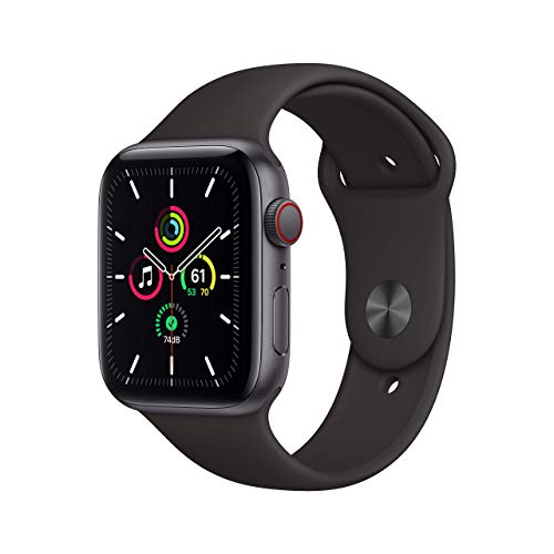 Apple Watch SE GPS + Cellular, 44mm Space Gray Aluminium Case with Black Sport Band - Regular (Renewed)