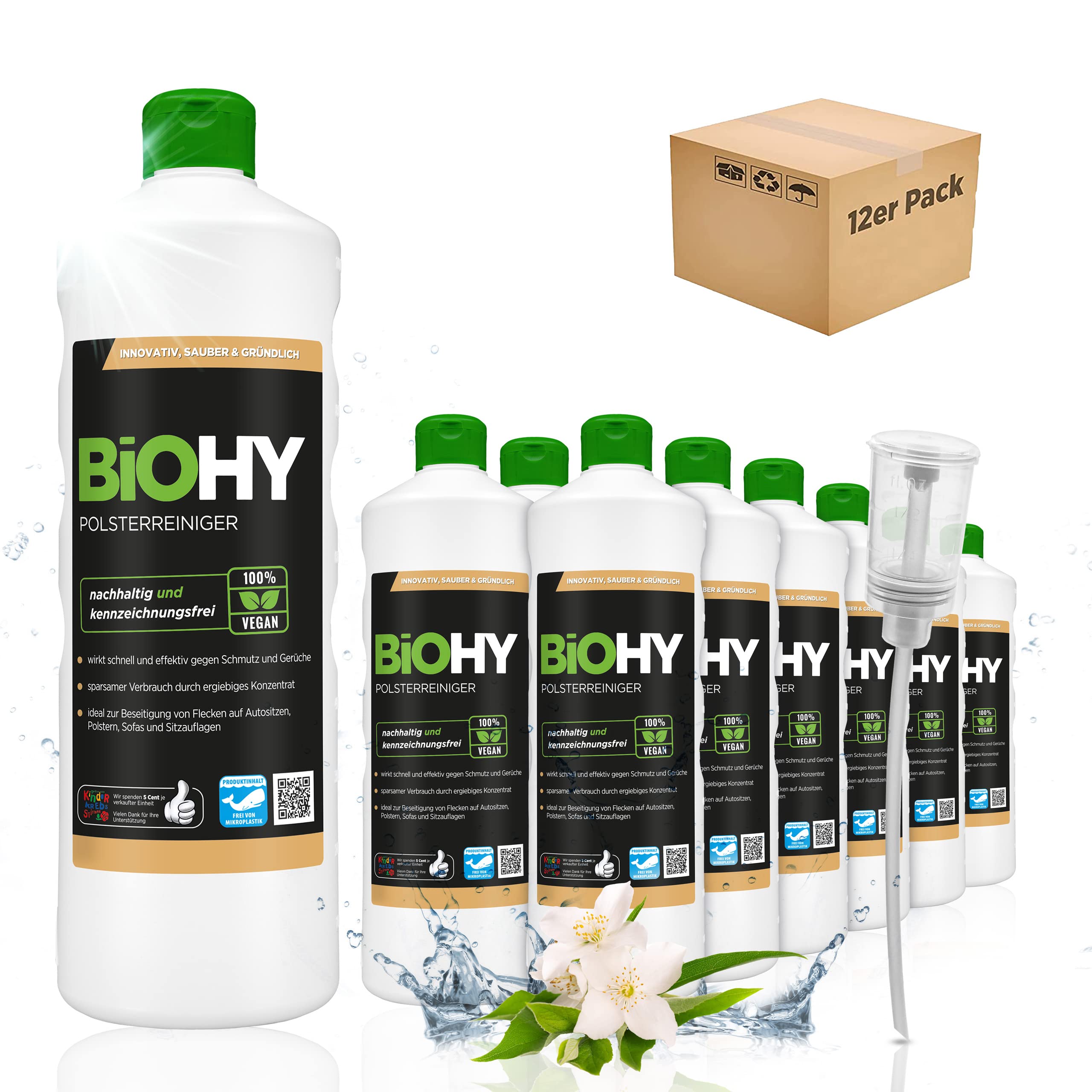 BiOHY Spezial Polsterreiniger (12 x 1 Liter) + Dosierer | Konzentrat für Sofas, Polstermöbel, Teppiche & Textilien | für Nasssauger & Waschsauger | Fleckentferner | effektiver Textilerfrischer