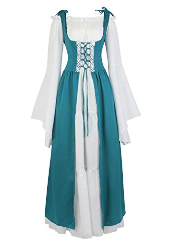 Josamogre Mittelalter Kleidung Damen Kleid renaissance mit Trompetenärmel Party Kostüm bodenlang Vintage Retro costume cosplay Blau S
