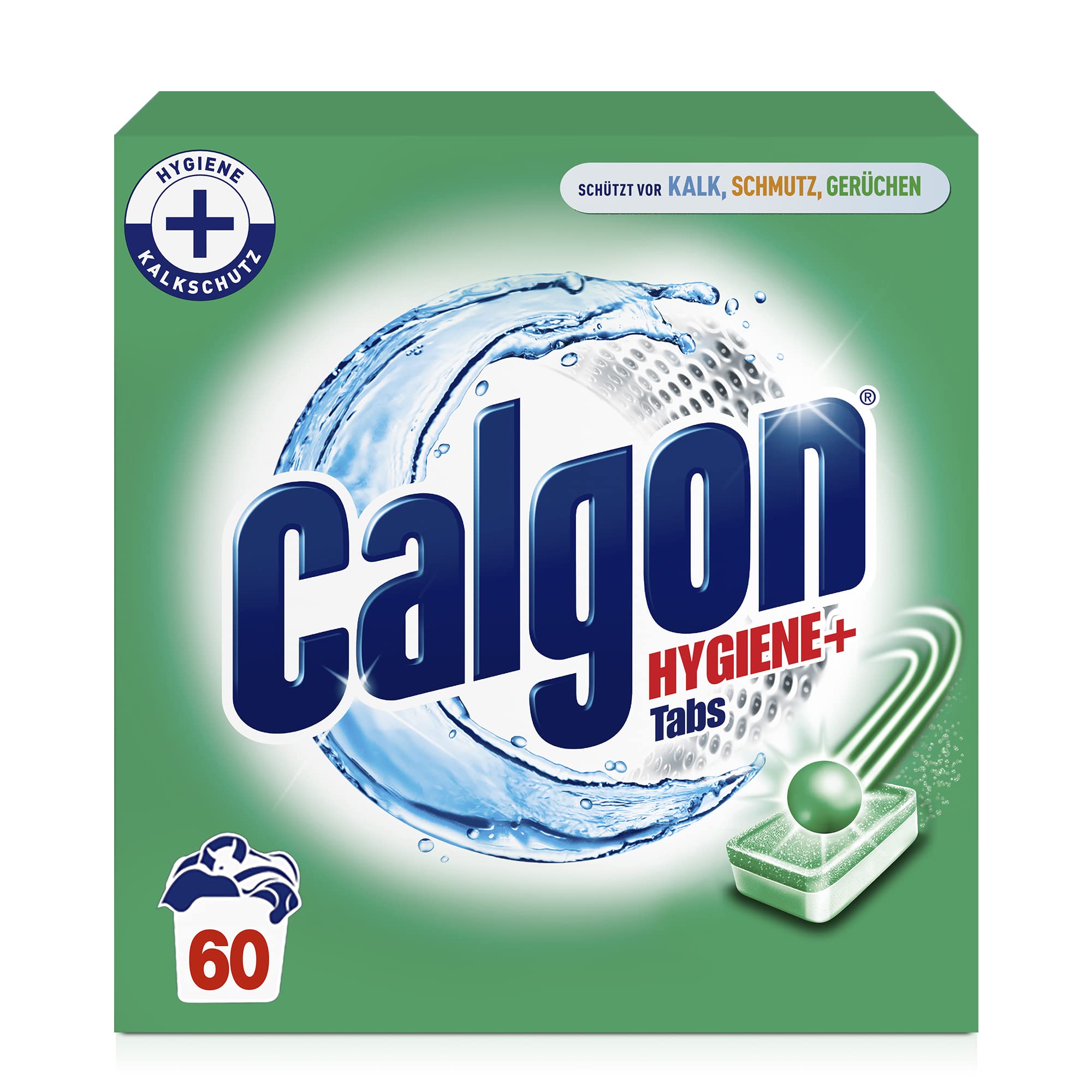 Calgon Hygiene+ Tabs – Schutz vor Kalkablagerungen und Schmutz – Wasserenthärter mit Hygieneschutz für die Waschmaschine – 1 x 60 Tabs