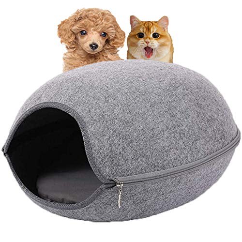 Katzen- und Hundehöhle, beruhigendes Bett, bequem, tragbar, abnehmbares und kratzfestes Haustierbett für den Winter, süßes Weidengeflecht für Kätzchen, kleine Hunde, Grau