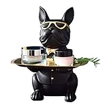 HAOXIU Sparschwein, Bulldogge Skulptur mit Edelstahl Tablett verwendet für Haushalt Lagerung Harz Hündchen Puppe Desktop-Dekoration Sparschwein