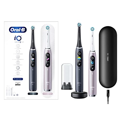 Oral-B iO 9 Doppelpack Elektrische Zahnbürste/Electric Toothbrush mit revolutionärer Magnet-Technologie & Mikrovibrationen, 7 Putzmodi, 3D-Analyse, Farbdisplay & Lade-Reiseetui, black onyx/rose quartz
