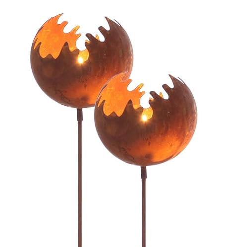 Spetebo Metall Gartenstecker Naturrost Feuerball - 2er Set/groß - Rost Windlicht mit Erdspieß ca. 98 x Ø 15 cm - Garten Deko Kerzen Halter Feuerkugel