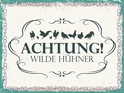 mrdeco Metall Schild 30x40cm gewölbt Achtung Wilde Hühner Deko Blechschild Tin Sign