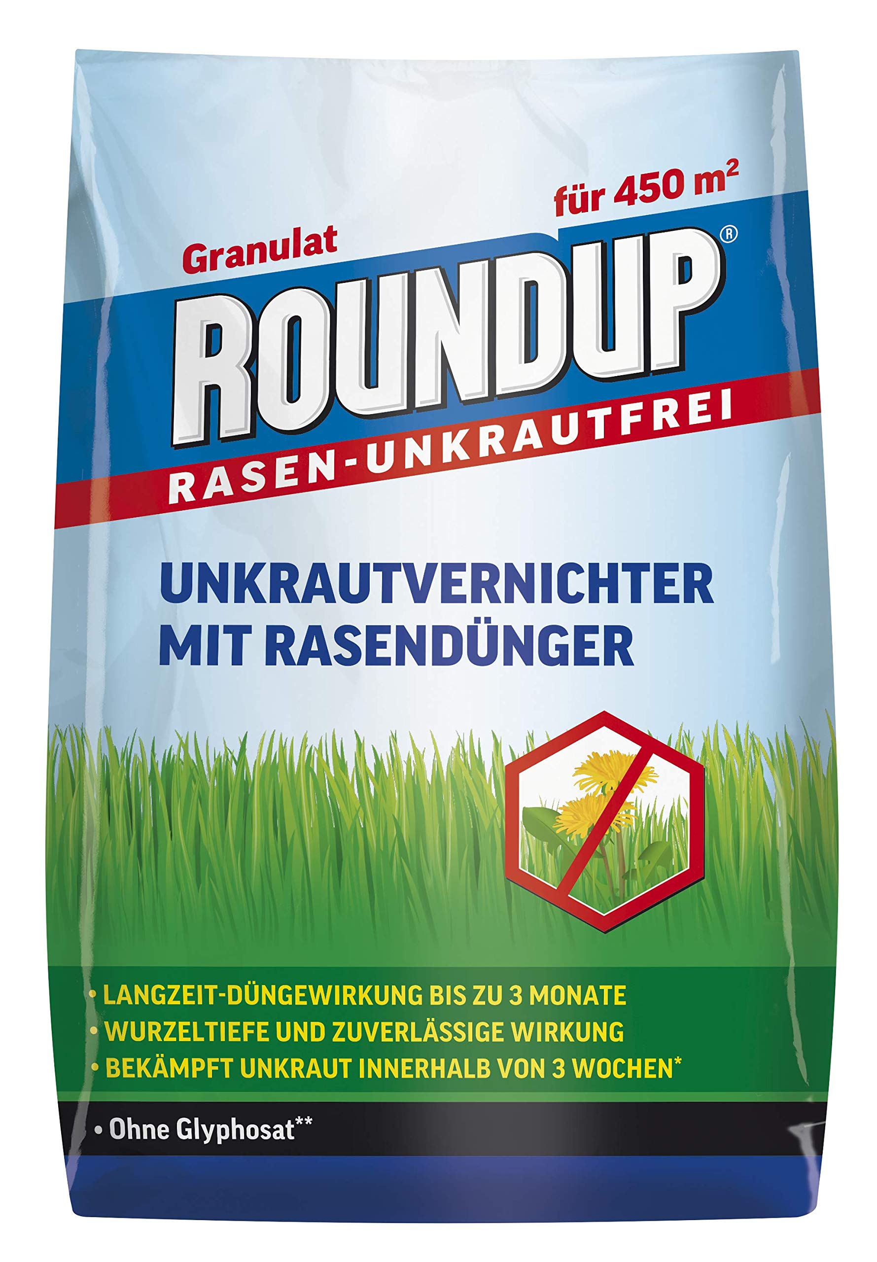 Roundup Rasen-Unkrautfrei Rasendünger, 2in1, Unkrautvernichter plus Dünger mit 100 Tage Langzeitwirkung, 9 kg für 450 m²