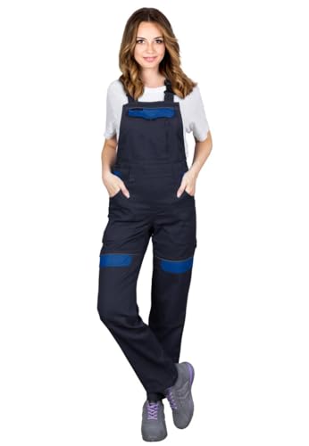 CORTON-L-B Damen-Schutzlatzhosen: 100% Baumwolle, 260 g/m², Vielseitige Taschen, Anpassbare Passform, Reflektierend, Farbe: Marineblau-blau, Größe 38