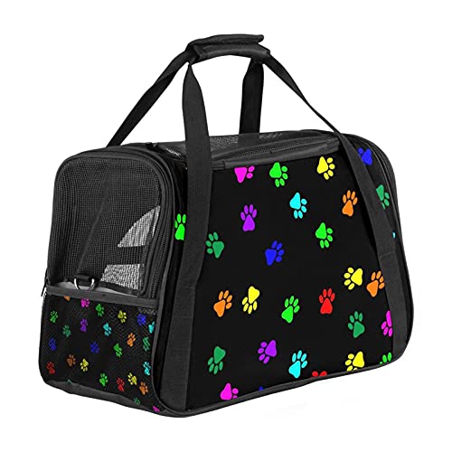 Transporttasche Katze Farbige Hundeabdrücke Hundetragetasche Faltbare Katzentragetasche Reiseträger mit weicher Matratze für den Transport mit Zug/Auto/Flugzeug 43x26x30 cm