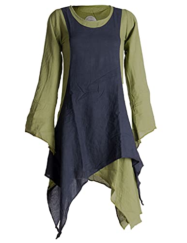 Vishes - Alternative Bekleidung - Langärmliges Zipfeliges Lagenlook Kleid/Tunika aus handgewebter Baumwolle Olive-schwarz 36-38