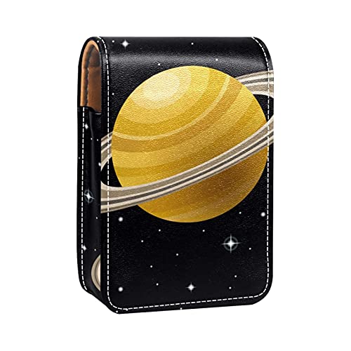 Lippenstiftetui mit Spiegel Space Rings of Saturn Planets Lipgloss Halter Tragbare Lippenstift-Aufbewahrungsbox Reise-Make-up-Tasche Mini-Kosmetiktasche aus Leder Für 3 Lippenstifte