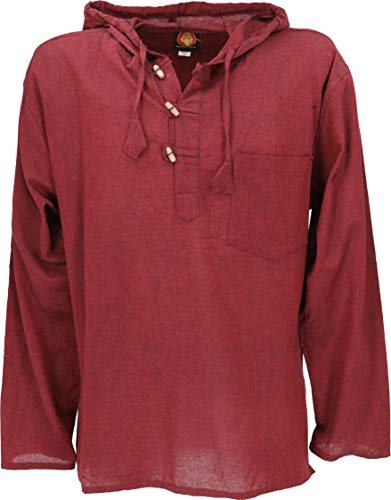 GURU SHOP Nepal Hemd, Goa Hippie Sweatshirt, Yogashirt, Schlupfhemd mit Kapuze, Herren, Bordeaux, Baumwolle, Size:L, Hemden Alternative Bekleidung