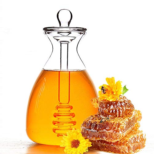 Honigtopf aus Glas,Handgemachte Honigglas Vorratsglas mit Schöpflöffel Glas Honig Topf,Honigbienentopf mit Deckel Fester Rührstab kreatives Honigspender Glasbehälter,Zur Aufbewahrung Bienensirup