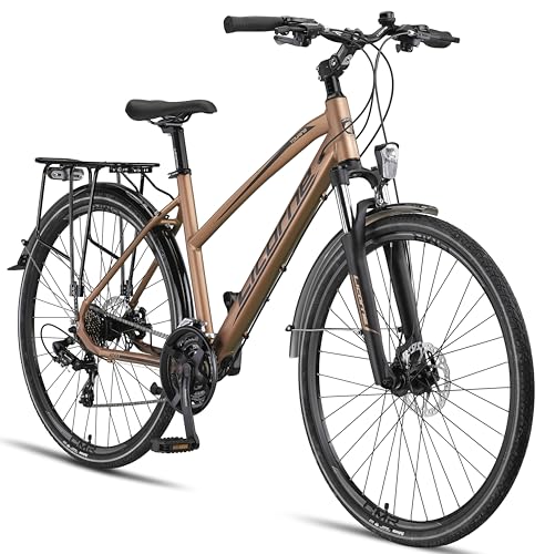 Licorne Bike Premium Touring Trekking Bike in 28 Zoll Aluminium Scheibenbremse Fahrrad für Jungen, Mädchen, Damen und Herren - 21 Gang-Schaltung - Mountainbike - Crossbike (Damen, Gold)