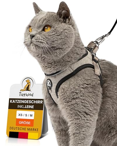 Tierhood - Katzengeschirr Set mit Leine für kontrollierte Freiheit - Softgeschirr - Komfortabel, Einstellbar & Robust - Geschirr für aktive Katzen (Grau, Größe M)