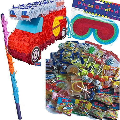 Pinata Set: * Feuerwehrauto * mit + Maske + Schläger + 100-teiliger Süßigkeiten-Füllung No.1 von Carpeta© // Handgefertigte spanische Pinata. Tolles Spiel für Kindergeburtstag oder Mottoparty