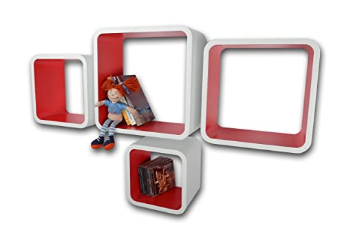 Cube Verstärkte Vielen Farben MDF Retro Design 4er Set Regal Regale Wandregal Deko Würfel CD DVD Lounge LO02 (Weiß/Rot)