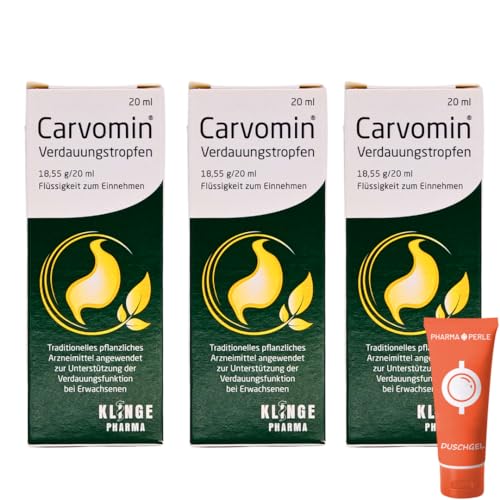 Carvomin Verdauungstropfen 3 x 20 ml Verdauungsfördernd mit natürlichen Bitterstoffen I Sparset mit Pharma Perle Duschgel