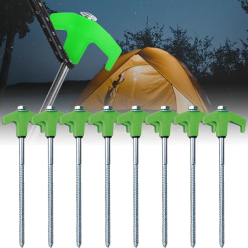 8" Screw in Tent Stakes - Ground Anchors Screw in, Metal Threaded Tent Spikes, Heavy Duty Tent Pegs Camping Stakes, for Camping Patio, Garden, Canopies, Grassland (Green,8PCS)
