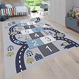 Paco Home Kinder-Teppich Für Kinderzimmer, Spiel-Teppich Mit Hüpfkästchen und Straßen rutschfest Grau, Grösse:120x160 cm