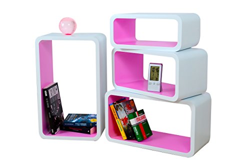 Cube Verstärkte Vielen Farben MDF Retro Design 4er Set Regal Regale Wandregal Deko Würfel CD DVD Lounge LO01 (Weiß/Rosa)