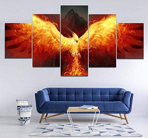 5 Teile Bild Auf Leinwand Leinwandbilder Feuer Phoenix Druck, Phoenix Wandkunst Tapete Dekorative Wandbild Für Wohnzimmer Home Decor 100X55 cm (Mit Rahmen)
