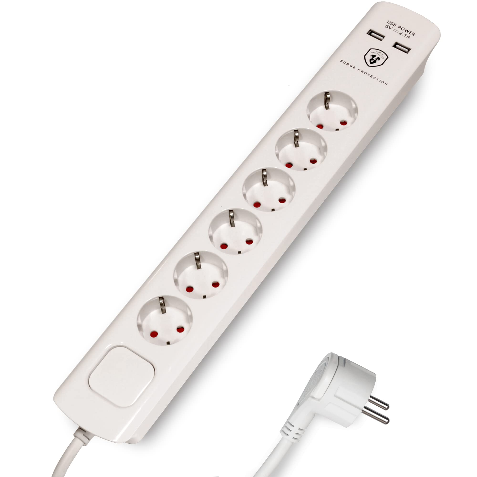 FeinTech Steckdosenleiste mit USB und Flachstecker, 6-Fach Mehrfachsteckdose mit Schalter, Überspannungsschutz und 1,5m Kabel, MD000632