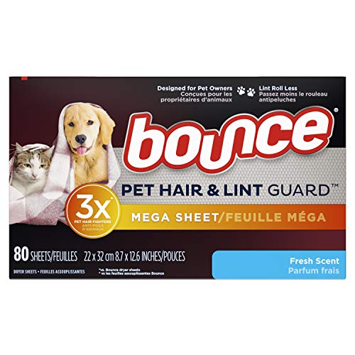 Bounce Pet Hair and Lint Guard Mega Dryer Sheets with 3x Pet Hair fighters, Fresh Scent, 80 count