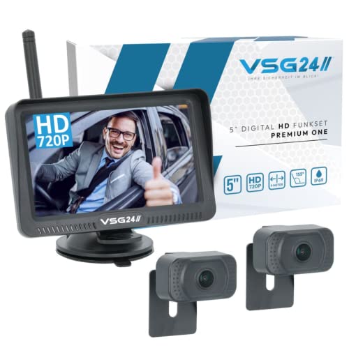 VSG24 5“ HD Set 2 Kameras Funk Rückfahrsystem Premium ONE für PKW, KFZ Set kabellos inkl. Rückfahrkamera + Monitor, einfach zum Nachrüsten 12V-24V, Nummernschild Kamera digital, Auto Rückspiegel
