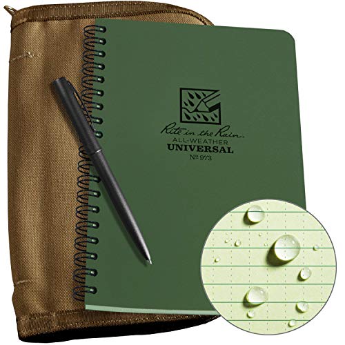Rite in the Rain Wetterfestes Seitenspiral-Set: Tan Cordura® Stoffeinband, 11,7 x 17,8 cm, grünes Notizbuch und wetterfester Stift (Nr. 973-KIT)