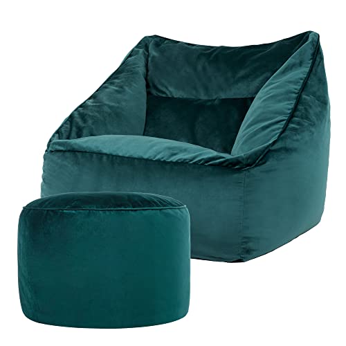icon Riesen Sitzsack Sessel „Natalia“ mit Sitzpuff, Blaugrün, Plüsch XXL Sitzsack Erwachsene mit Füllung für das Wohnzimmer, Riesensitzsack Sofa XXL