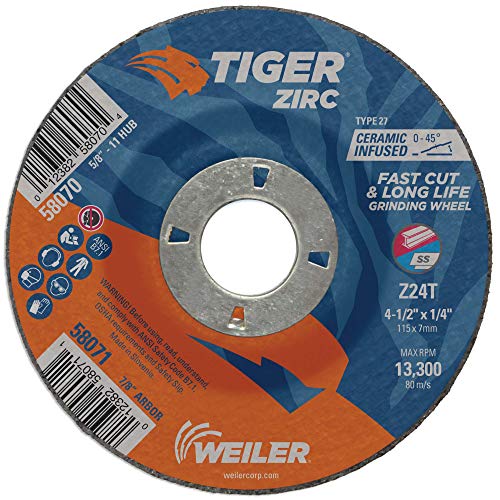 Weiler 58071 4-1/2 Zoll x 1/4 Zoll Tiger Zirc Typ 27 Schleifscheibe, Z24T, 7/8 Zoll A.H. (10 Stück)