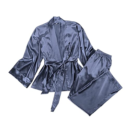Frühjahr/Sommer Satin Cardigan Schnürung Nachthemd Pyjama Hose Einfarbig Home Set Lose Damen Nachthemd, blau, XL
